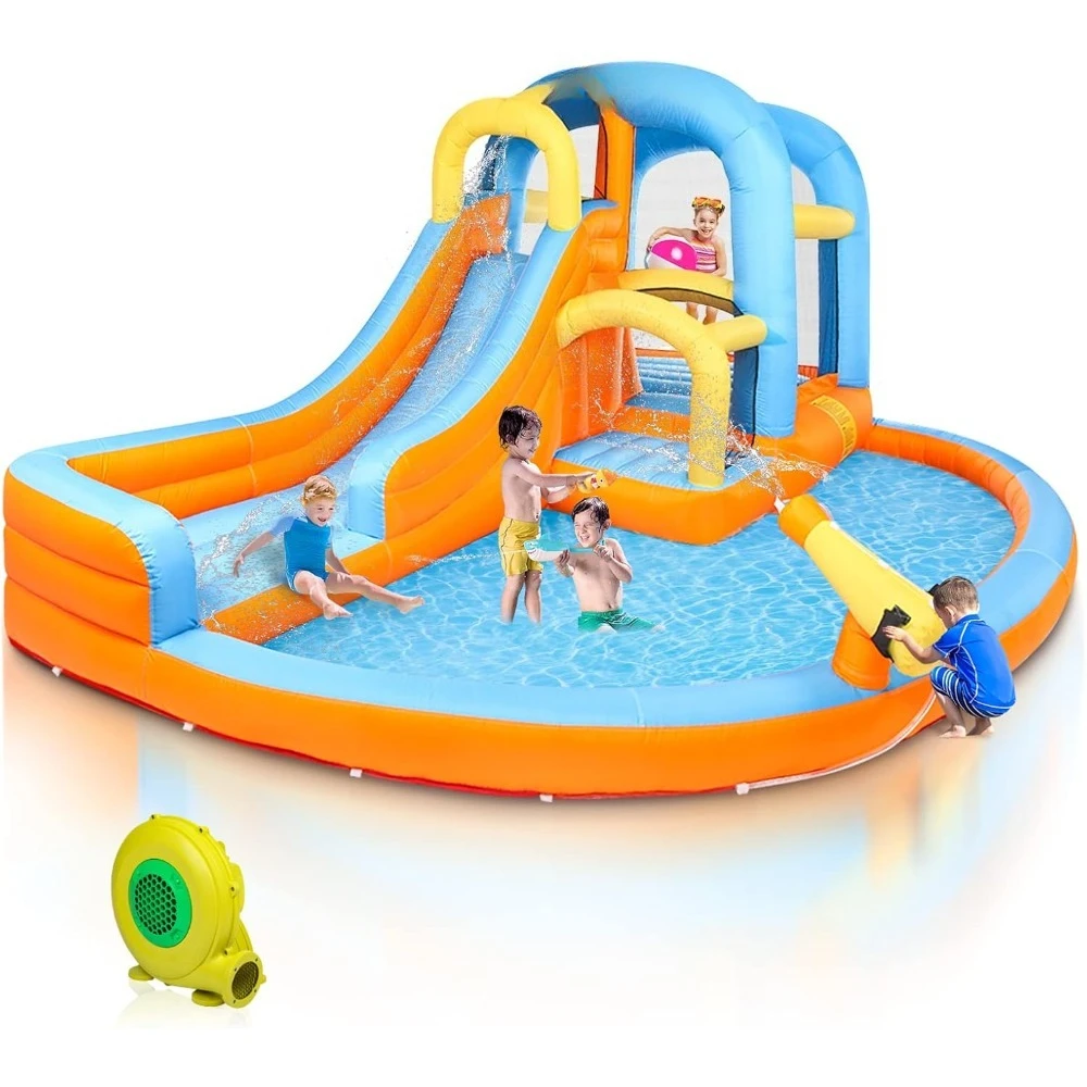 

5-in-1 Inflatable Water Slide Park, Water Bounce House w/Air Blower, Climbing Wall, Double Jump Area, Splash Pool
