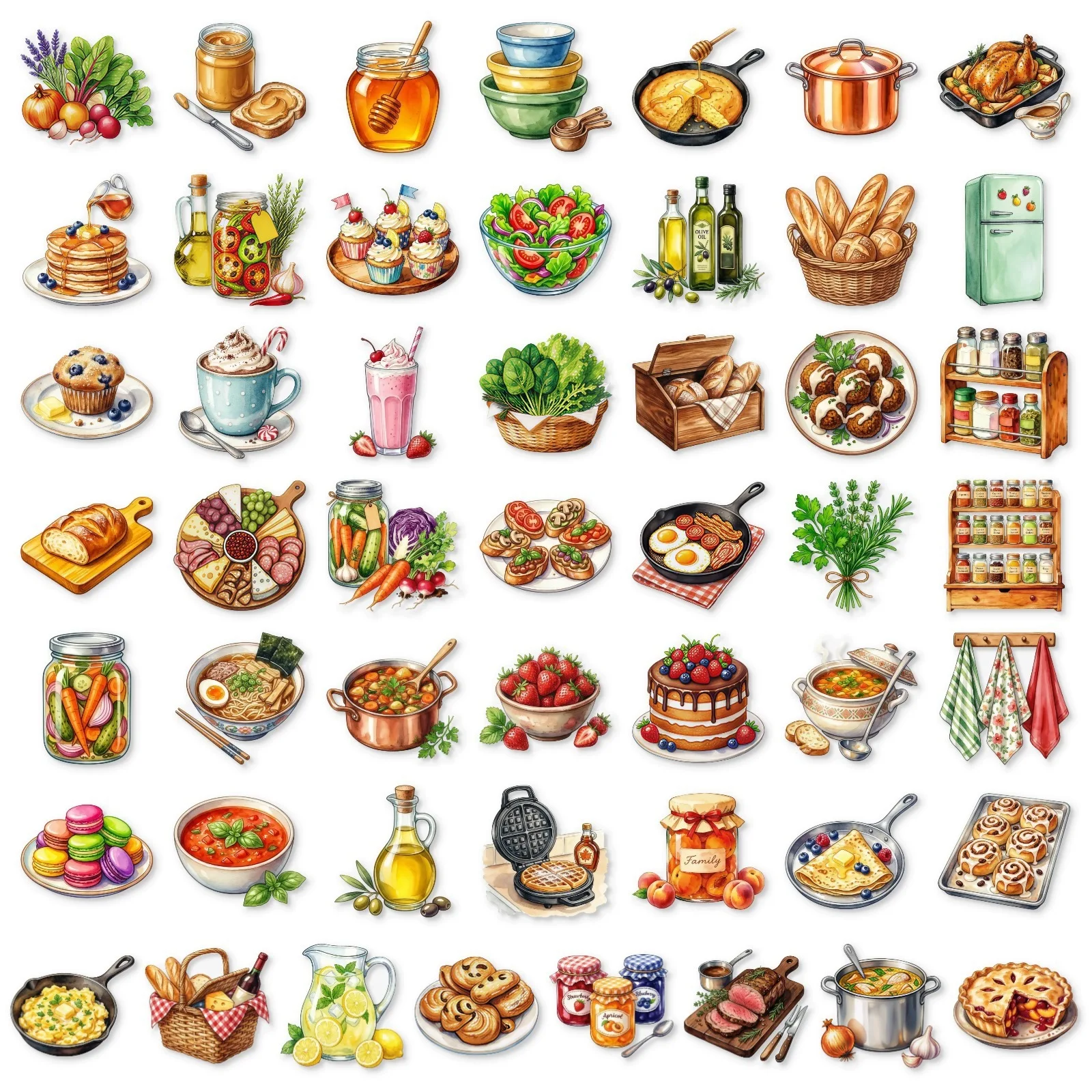 50 PCS HD Kitchen Food Meal Dessert Baking Theme Stickers Decorate Fridge Lunch Box Cabinet Transparent Waterproof Decals