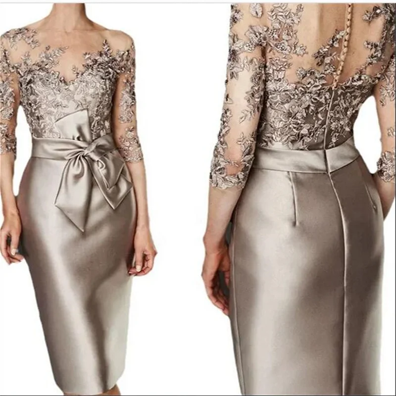 Mother of the Bride Summer Dresses Short Brown Mother Formal Wedding Guest Gown Knee Length Three Quarter Sleeves Evening Dress