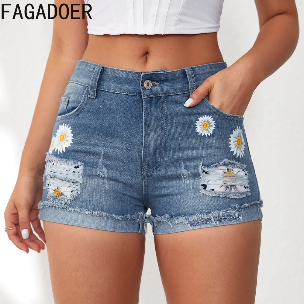 FAGADOER Floral Embroidery Denim Shorts Women 2024 Summer High Waist Ripped Jeans Shorts Blue Slim Elastic Jean Female Basic