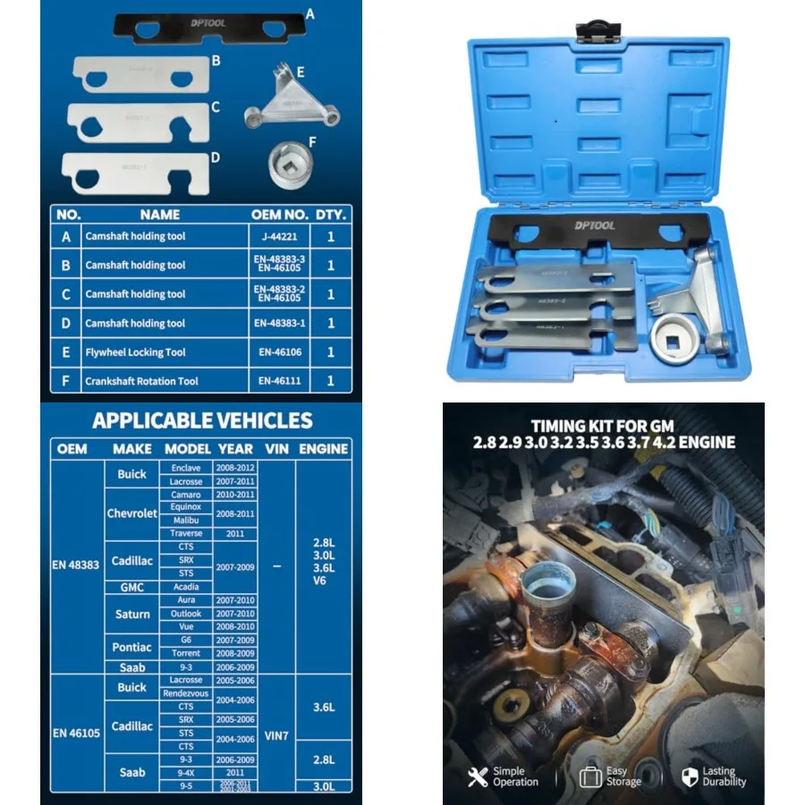 

Camshaft Retaining Aligning Timing Tool Kit Compatible with GM GMC Opel Saab Cadillac Buick Chevrolet 2.8 2.9 3.0 3.2 3.5 3.6 3.7 4.2 Engine EN-48383 EN-46105 EN-46106 EN-46111 J-44221