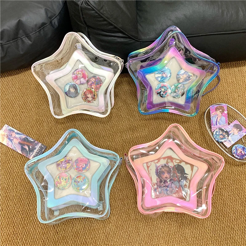 Kawaii Star Shaped Ita Bag for Girls Transparent Holographic PVC Shoulder Bag with Pin Display Window Cute Anime Badge Backpack