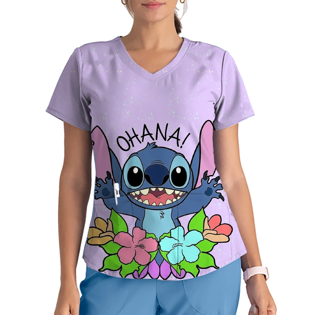 

Рабочая одежда с принтом Disney Stitch, топы с V-образным вырезом и карманами, униформа для ухода за животными, униформа для салонов красоты, повседневная одежда для медсестер и работников по уходу