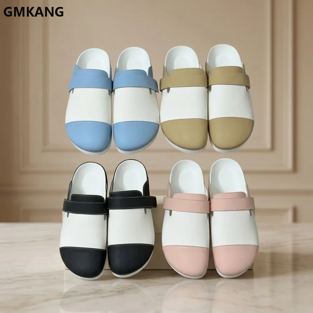 GMKANG Closed Toe Clog Slides Patchwork Leather Mules Adjustable Buckle Strap Slip On Flat Comfort Casual Home Outdoor