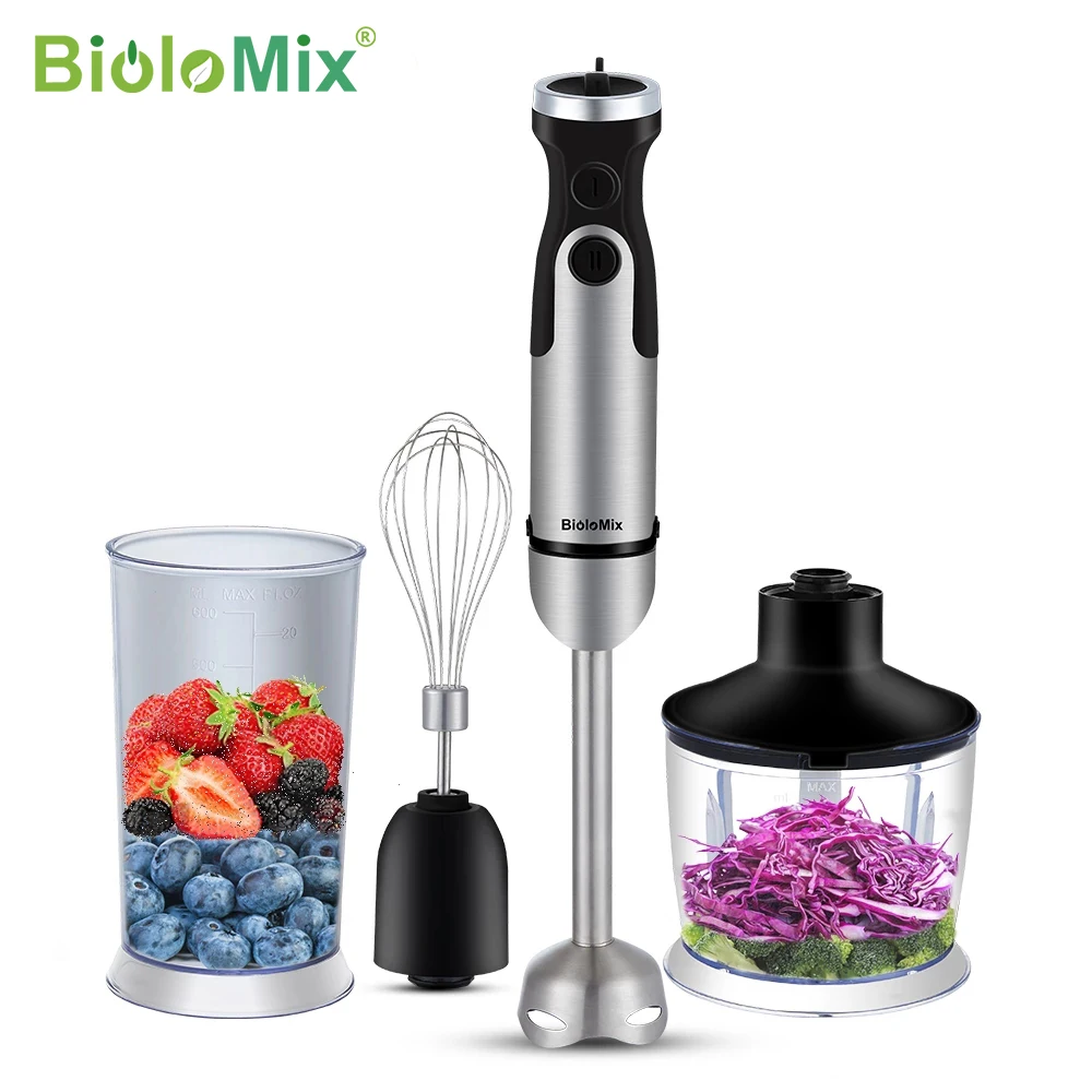 BioloMix 1200W 5-in-1 Immersion Hand Stick Blender Mixer Vegetable Meat Grinder 800ml Chopper Whisk 600ml Smoothie Cup