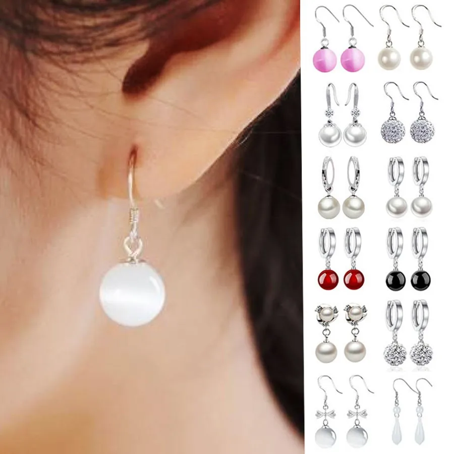 White Opal Bead Earrings Korean Silver Plated Drop Earrings For Women Earing Je…