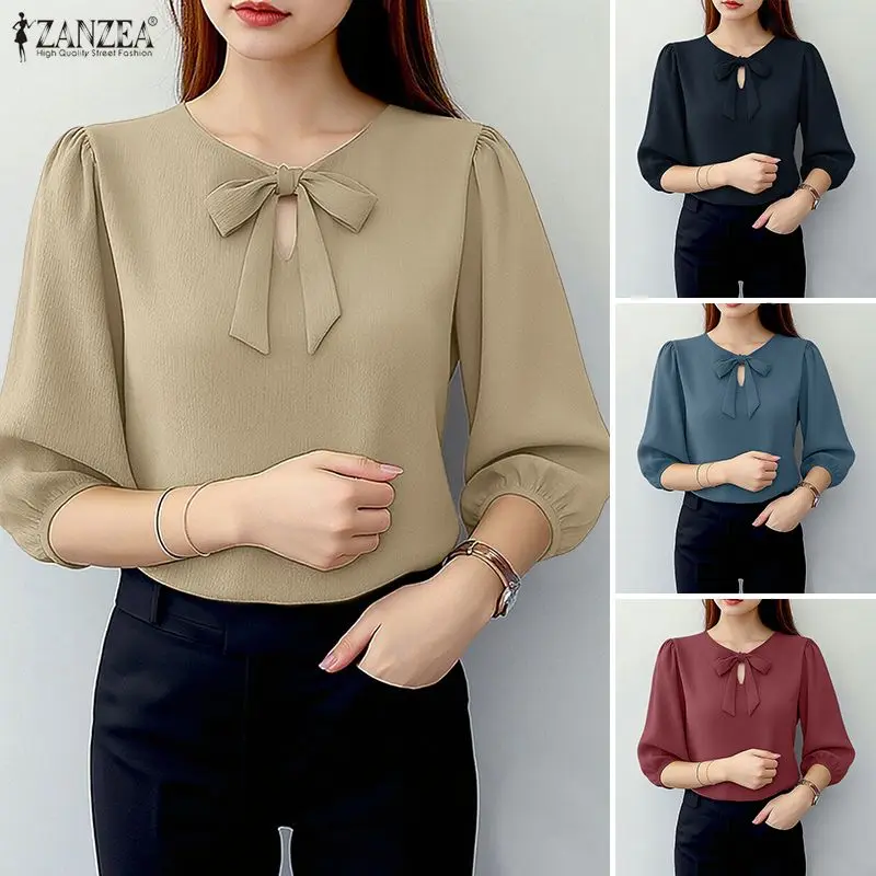 

2026 ZANZEA Summer Solid Color Blouse Women Elegant Office Work Shirt Stylish O Neck 3/4 Sleeve Holiday Tops Mujer Female Tunic
