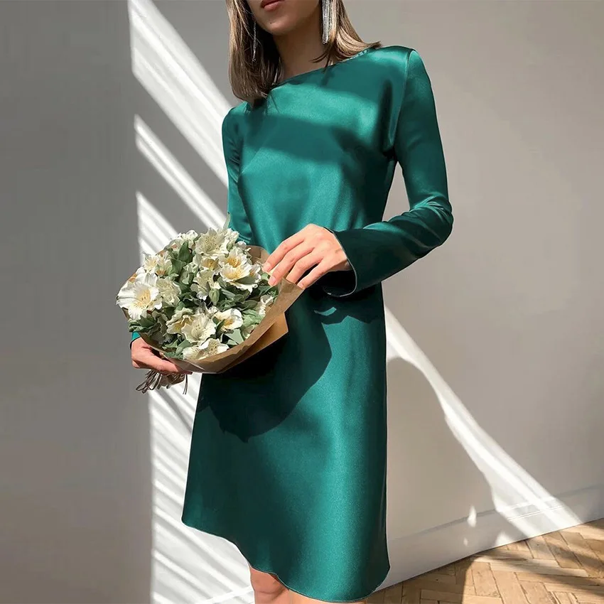 Elegant Green Satin Dress Women 2023 Autumn Flare Sleeve High Waist Sexy Mini Dresses Fashion A-line Party Dresses Female