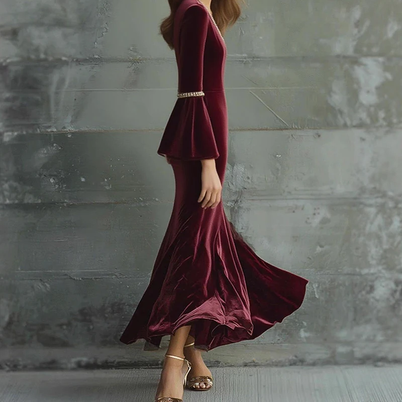 فستان نسائي غير رسمي برقبة على شكل حرف v بقصة ضيقة فستان مخملي للخريف والشتاء بأكمام واسعة فستان طويل سبليت 2025 فستان أنيق للمواعدة #3