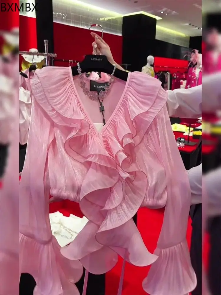 French  V-neck chic ruffle edge flared sleeve long-sleeved shirt women's 2025 early spring new age-reducing shirt