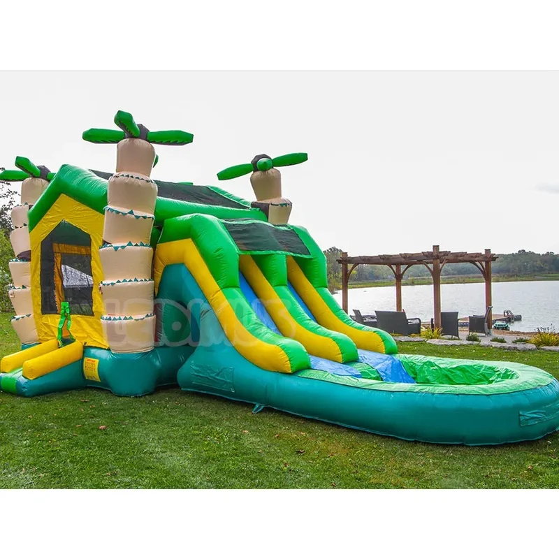 Commercial Palm Tree Inflatable Bounce House Water Combo Double Lane Water Slide With Pool for Kids Outdoor Party Event Rental