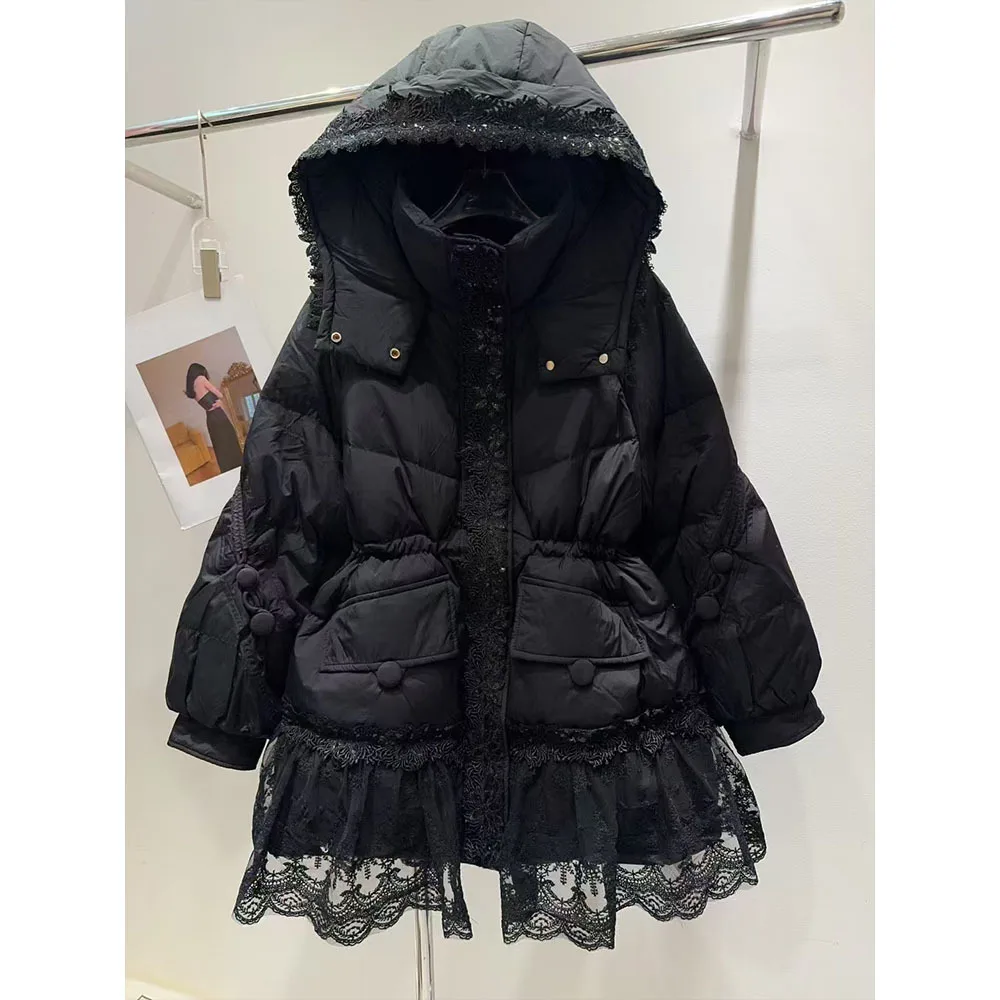 Piumino da donna invernale versione coreana dolce industria pesante pizzo volant bordo giunture piumino d'anatra bianco caldo addensato