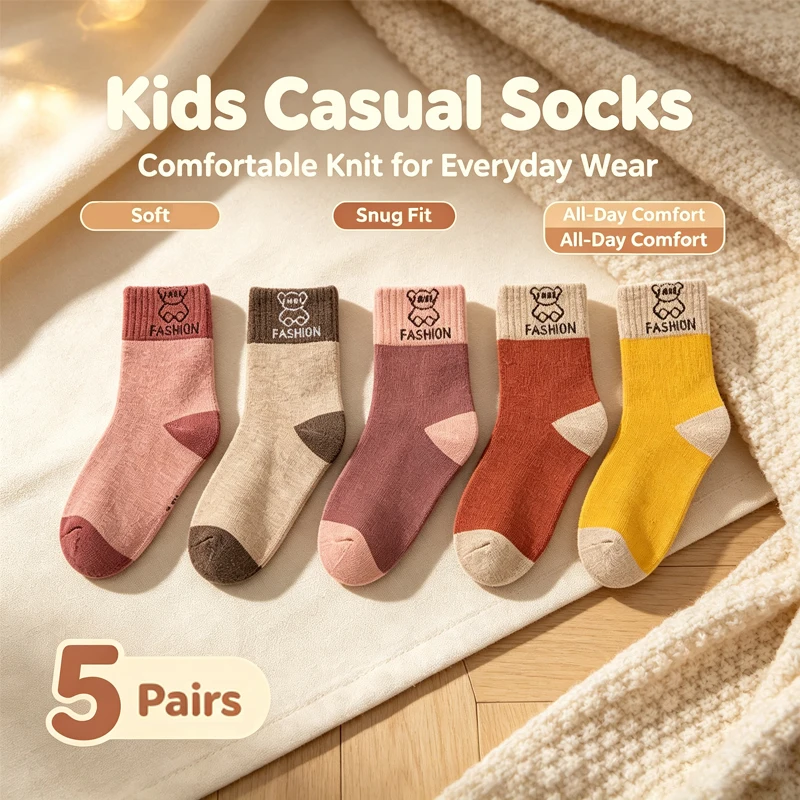 5 Pairs Children Crew Socks Cute Bear Print Color Block Soft Elastic Kids Socks Boys Girls Casual Daily Mid Tube Socks