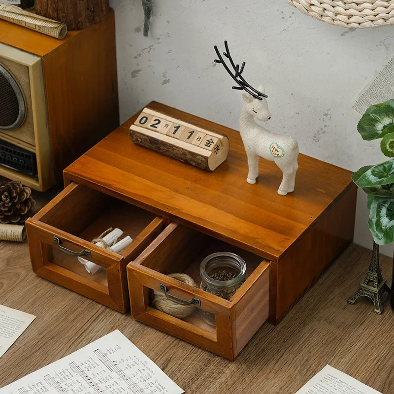 Wooden Drawer Storage Box Computer Monitor Office Desktop  Increased Shelf Cabinet Dressing Table Organizer