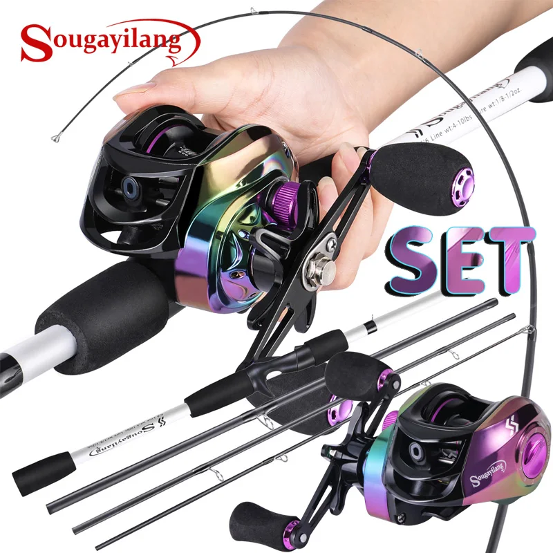 Sougayilang 1.98M Casting Fishing Set Carbon Telescopic Fishing Rod Combo Baitcasting Reel Feeder Kit Travel Pole Bass for Carp