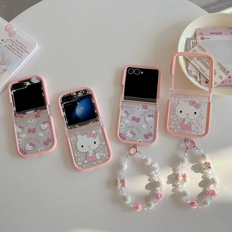 Cute Transparent Pink Flower Hello Kitty Phone Case for Samsung Galaxy Z Flip7 6 5 4 3 Shockproof with Lanyard view 2