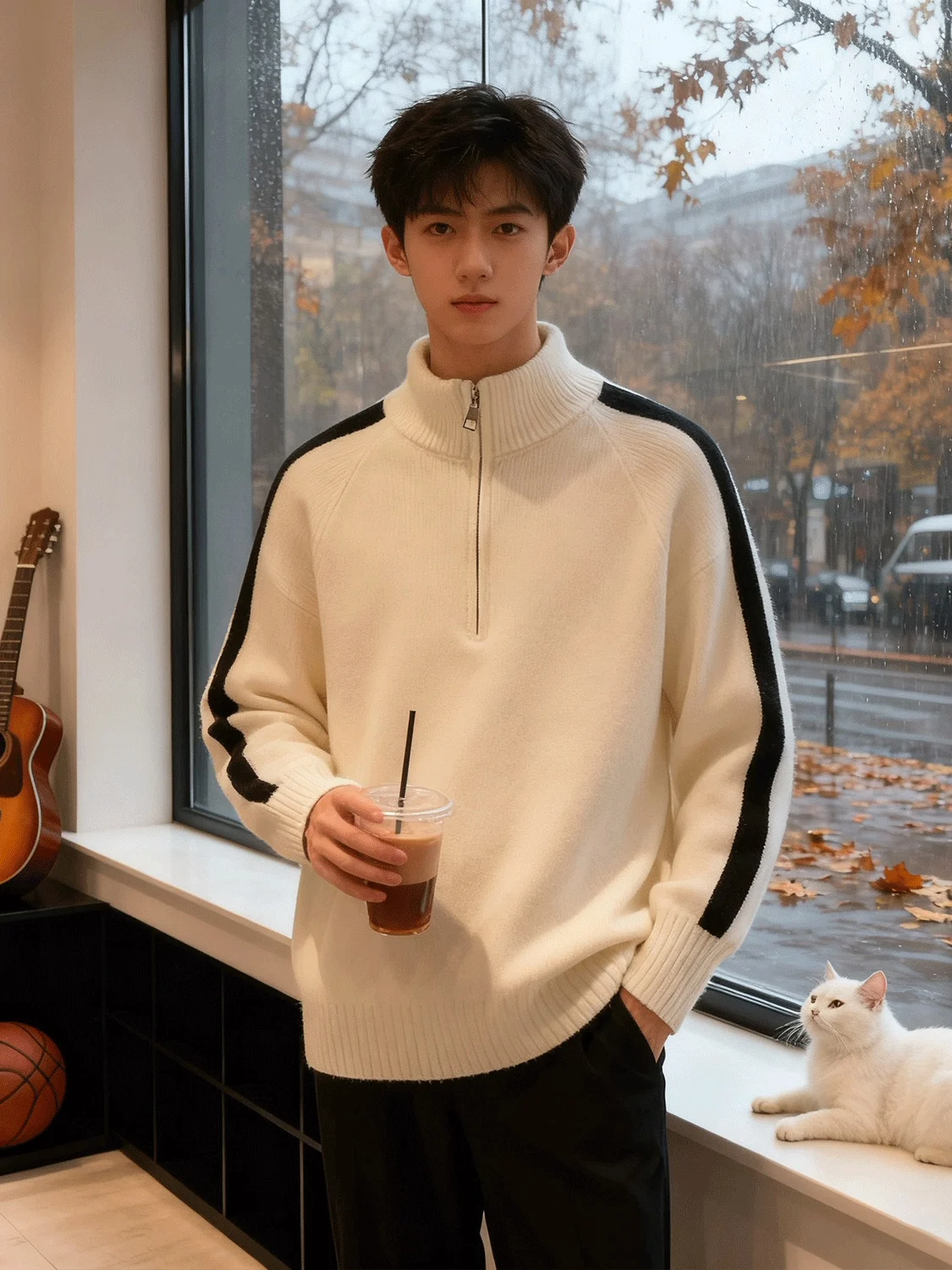 

White Zippered Stand Collar Men's Knitwear Winter Striped Color Blo Base Layer American Lazy Inner Wear Top