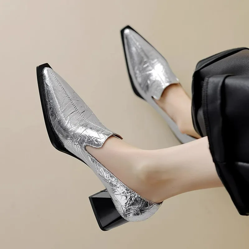 Women Mid-heeled Loafers Fashion Casual Office Shallow Solid Color Elegant Dress Pumps 2025New Trendy Pointed Toe Leather Shoe