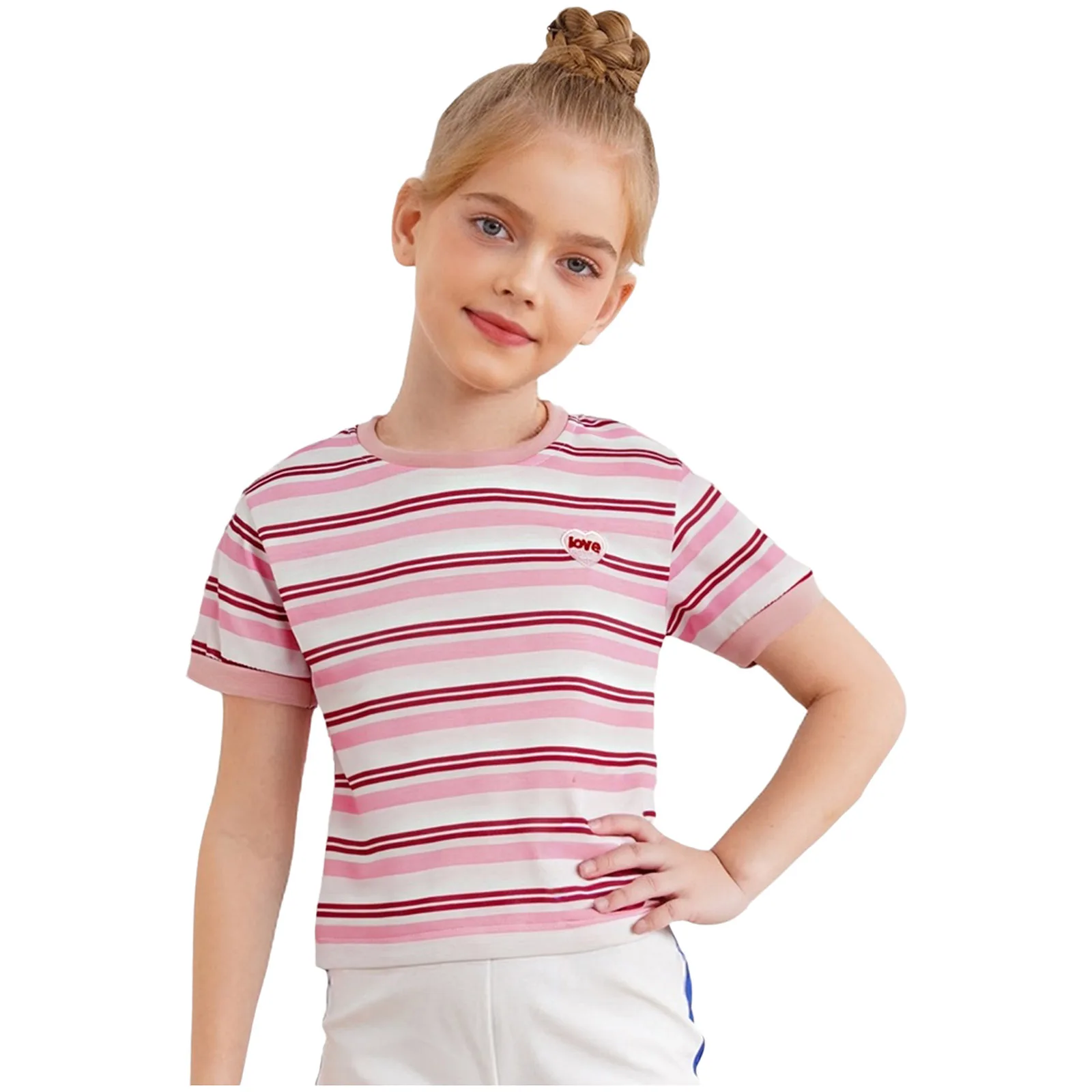 

Kids Girls Heart Embroidery Striped T-shirt Summer Round Neck Short Sleeves Contrast Color Casual Tops for Holiday Weekend Beach