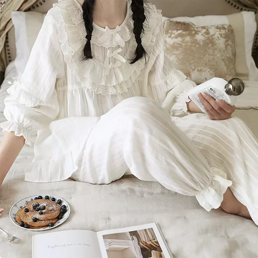 Cute Women Princess Ruffle Pajama Sets Tops+Pants.Vintage Lady White Jacquard Cloth Pyjamas Set Victorian Girl\'s Home Sleepwear