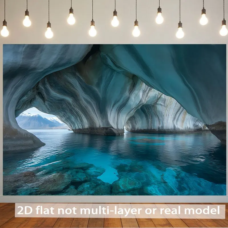 Pancarta de pared plana 2D, 1 unidad de cuevas de mármol de patagonia, elegante paisaje de cueva de mármol con tonos neutros ///, poliéster duradero
