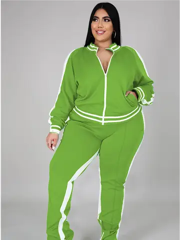 Plus Size L-5XL Two Piece Set Women Sweatsuit Zip Striped Top Slit Sweatpants Jogger Outfit Matching Set Wholesale Dropshipping