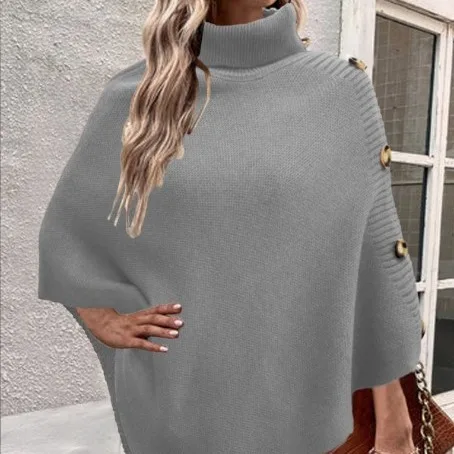 Jersey de punto asimétrico sin mangas con botones laterales y cuello de tortuga para mujer, suéter de capa cálido y pesado para invierno