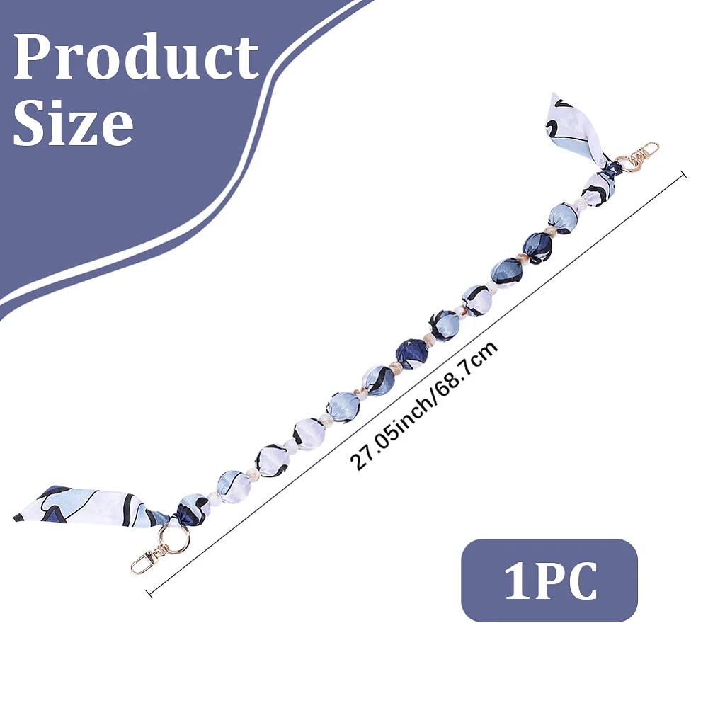 1Pc Cloth Phone Hand Strap Chains with Metal Swivel Clasps and Plastic Beads Round Golden Marine Blue 687mm - view 2