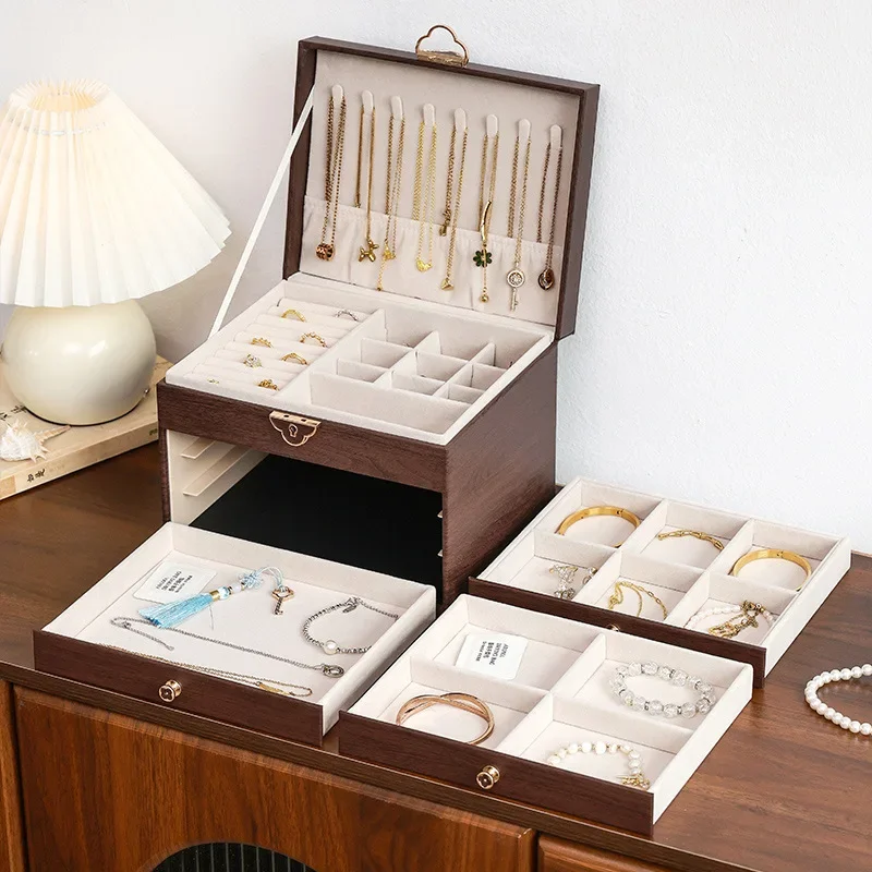 DSA walnut pattern jewelry box, high-end exquisite gold jewelry, stud earrings, necklace, ring, large-capacity anti-oxidation
