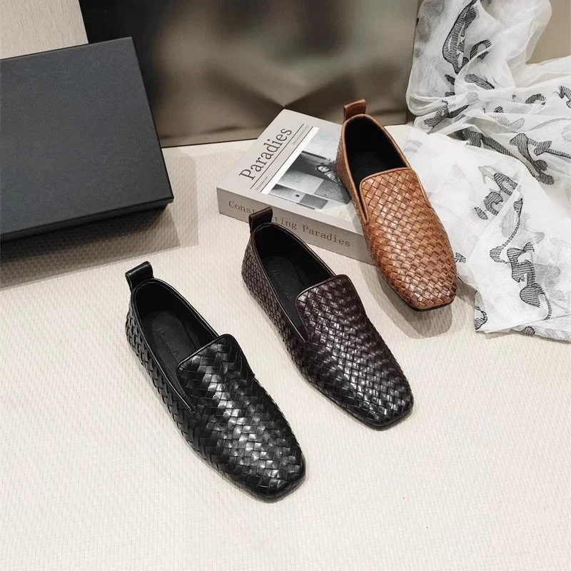 2024 Spring New Square Head Women's Shoes  Cowhide woven lazy shoes  Lefu shoes  Breathable casual shoes