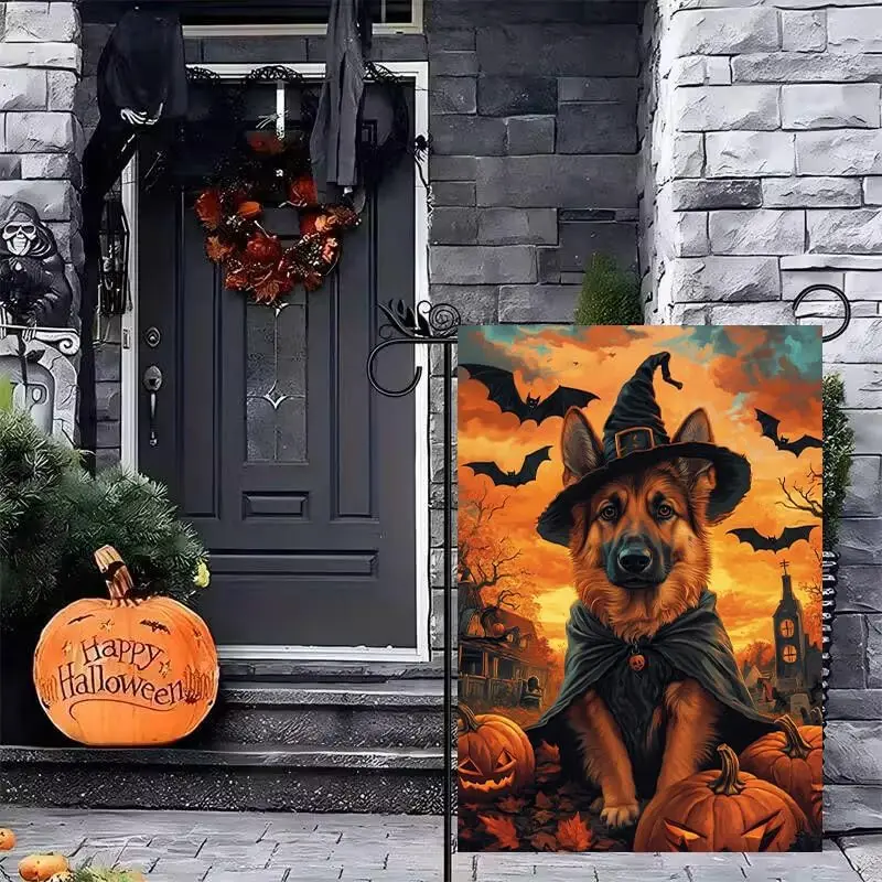 Halloween Dog Garden Flags 12x18 Double Sided, Burlap Holiday German Shepherd Garden Flags Halloween Decorations Outdoor Dec MME
