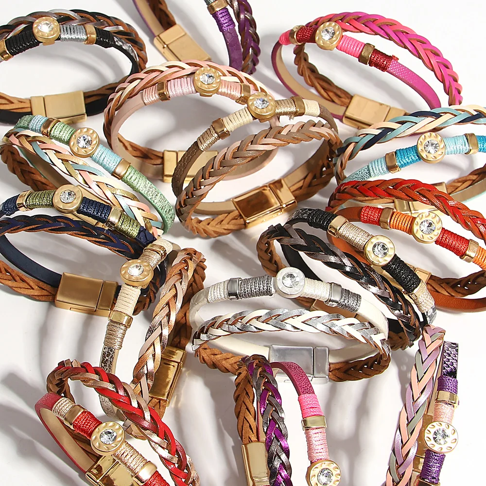 ALLYES Boho Coloful Rope Braided Leather Bracelet for Women Vintage Inlaid Rhinestone Multilayer Wrap Bracelets Jewelry Gifts