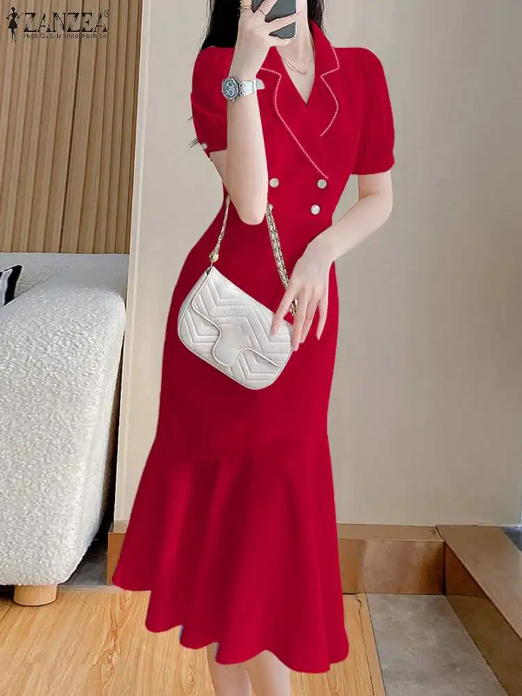 ZANZEA Long Shirt Dress Puff Short Sleeve Elegant Casual 2023 Women Mermaid Slimming Midi Dresses Solid Buttons Fishtail Vestido