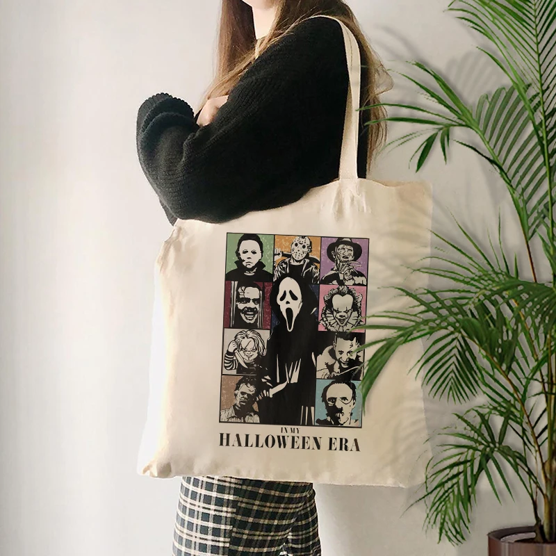 Halloween Era Hocus Pocus Printed Canvas Tote Bag Organizer Large Capacity Storage Shoulder Bags Shopping Supermarket Bag Gift