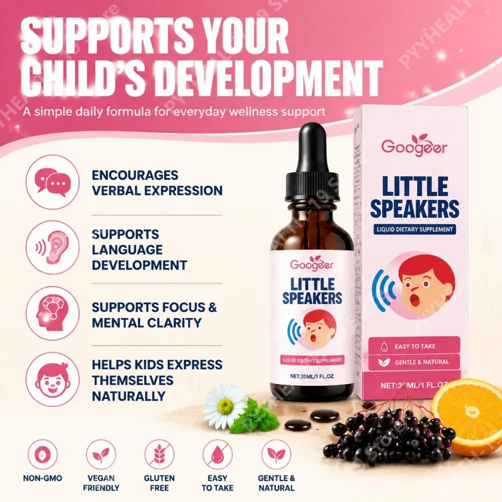 Googeer Little Speakers Liquid Supplement Vitamin B12 D3 Zeolite For Verbal Expression Language & Focus Support, Kids, 30ml