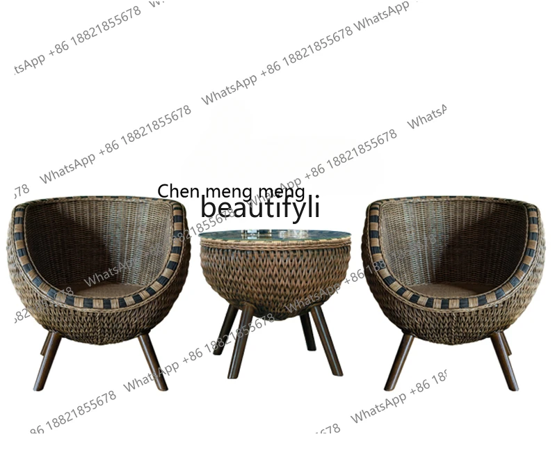 

X High-End Natural Rattan Chair Three-Piece Set Balcony Leisure Area Layout Small Tea Table Combination Outdoor Courtyard Backre