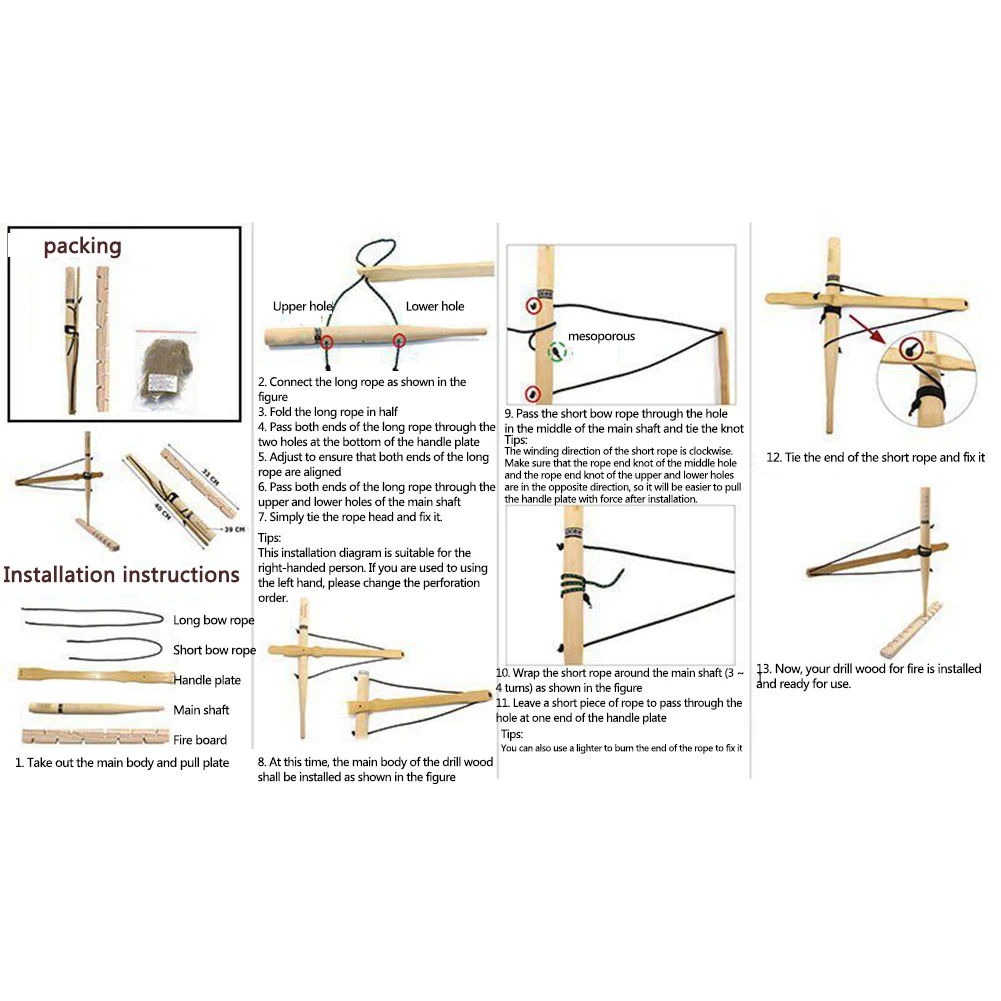 Primitive Fire Bow Drill Kit Wood Drilling Fire Making Tool Outdoor Survival Practice Tool for Fishing Picnic Hunting view 6