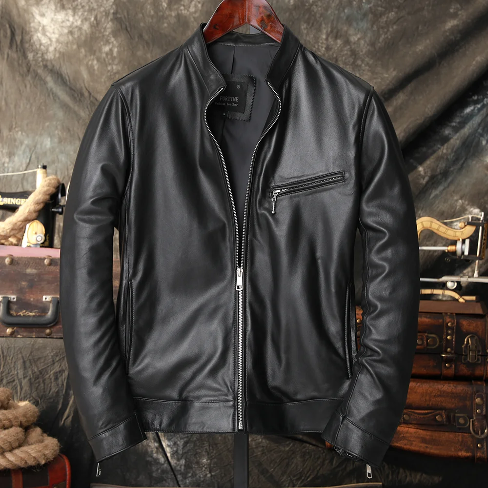 Chaqueta de piel de oveja de estilo urbano a la moda para hombre, abrigo corto con cuello alto, primera capa de piel de oveja...