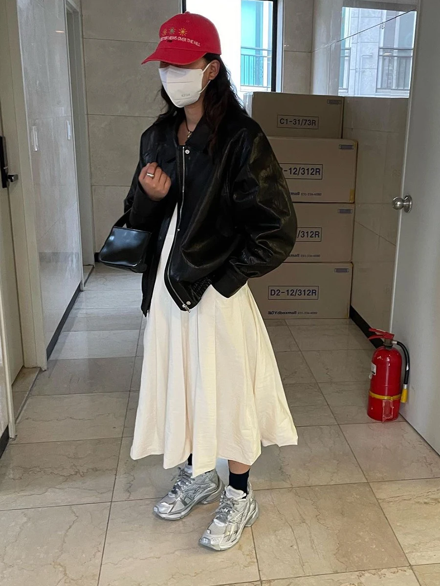Bla Biker Jaet Lazy Sle Loose Fit oulder Sve Insert Design Retro Sensation Cappotto in pelle PU da donna Lungo Sve