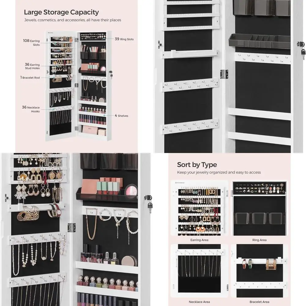 Wall-Mounted Jewelry Armoire with Lock, 2 Storage Trays, Mirror, White - Perfect Christmas Gift UJJC001W01