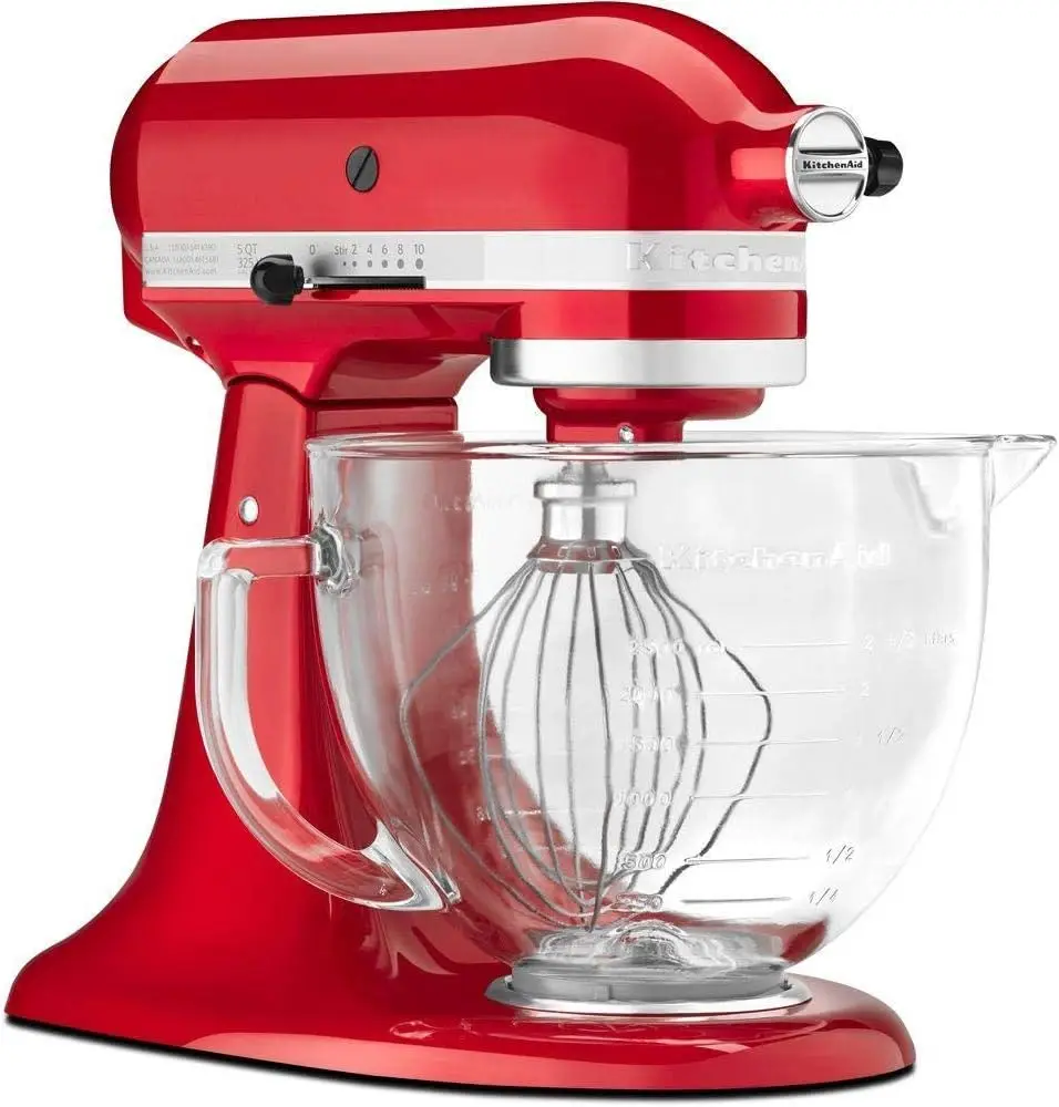 5-Quart Stand Mixer Glass Bowl Candy Apple Red Chef's Whisk, Flat Mixing Paddle, Dough Hook,