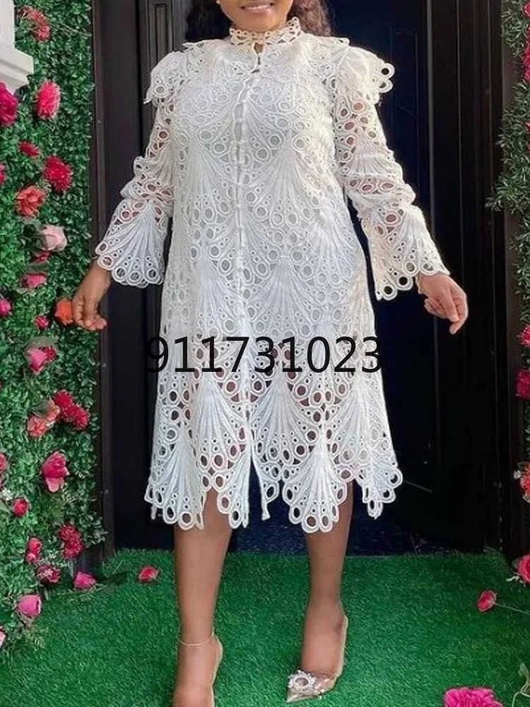 فساتين أفريقية للنساء أنيقة عتيقة للحفلات فستان دانتيل مثير فستان شبكي مجوف Bodycon فستان ماكسي للسيدات أبيض