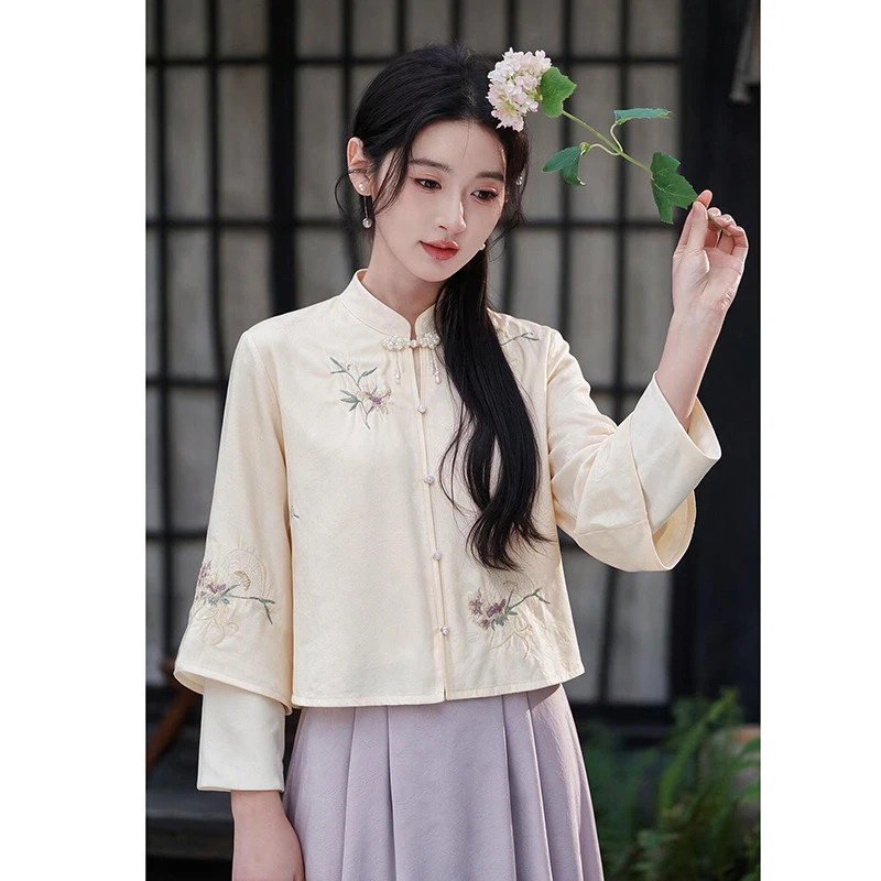 Autumn Winter Chinese Style Embroidered Tea Clothes Hanfu Two-Piece Set for Health Care Tea House Traditional Ethnic Women's ...