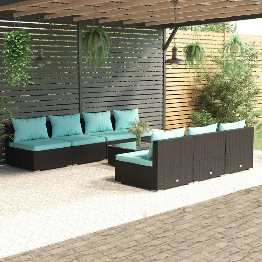 8-Piece Black Poly Rattan Patio Lounge Set with Cushions - Stylish Outdoor Furniture