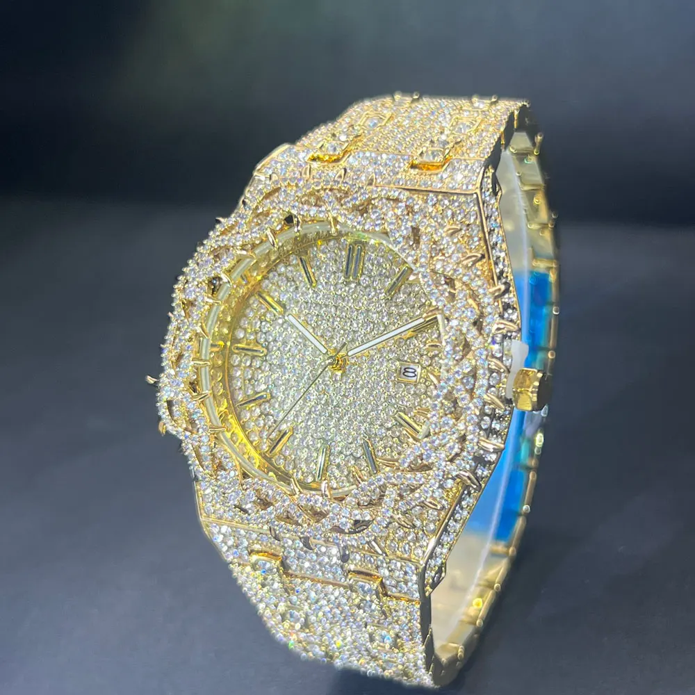 Missfox Quartz Watches For Men Flower Case Luxury Diamond Men's Watch With Blingbing Zircon Gold Fashion Hip Hop Hand Clock New