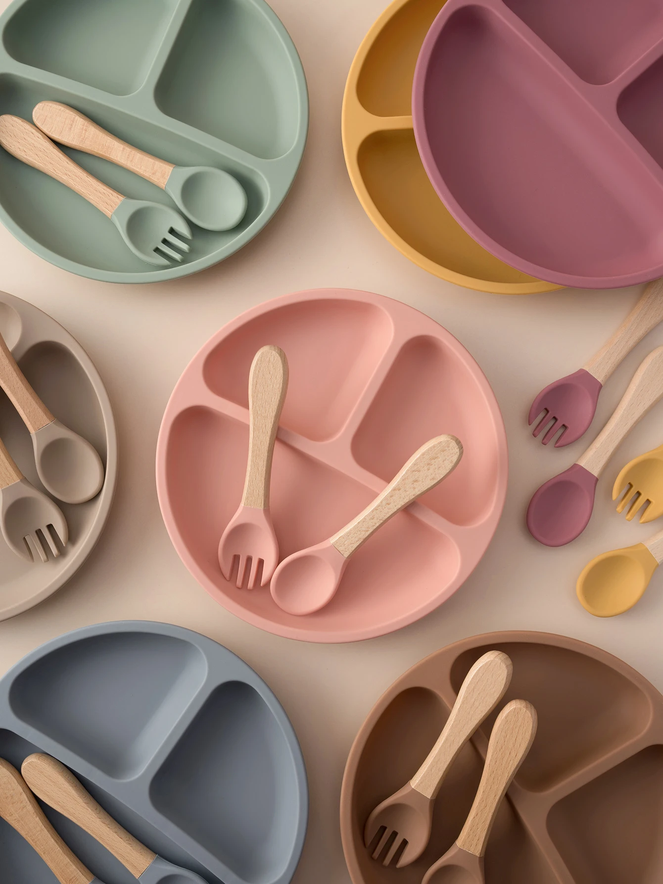 3PCS Baby Silicone Feeding Set Suction Plate Wooden Spoon Fork BPA Free Toddler Training Tableware Essentials Baby Stuff