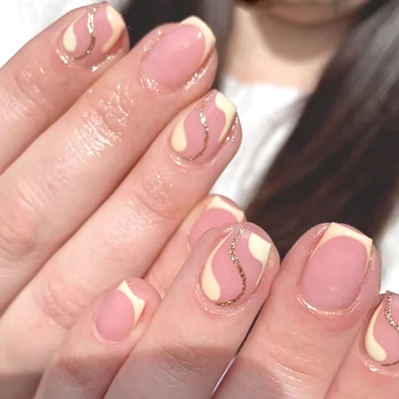 

24Pcs Yellow French Shiny Powder Line False Nails Press on Short Square Head Fake Nails for Woman Wearable Full Cover Nails Tips