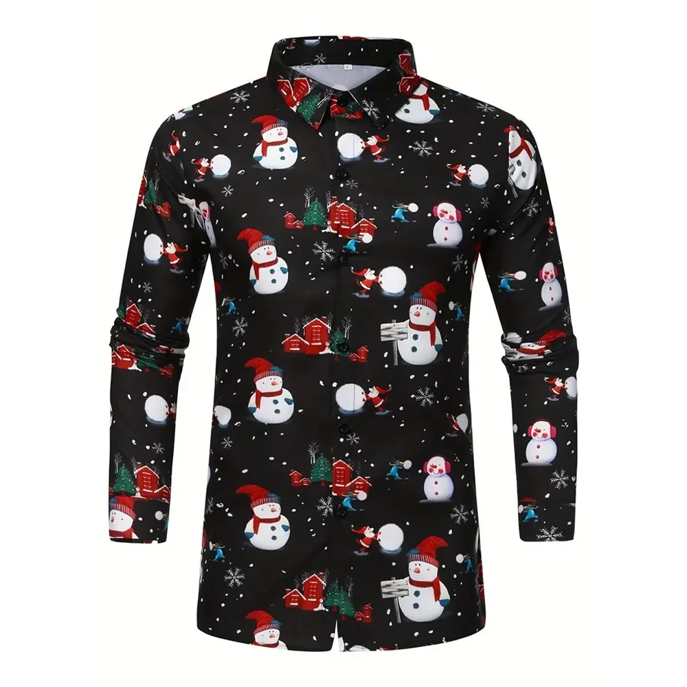 Cartoon Santa 3D Christmas Print Men's Long Sleeve Shirt Fashion Men's Shirt Casual Plus Size Snowman Holiday Party Shirt Top