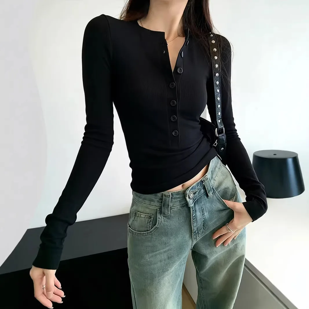 Single-Breasted Long Sleeve Korean Fashion T-shirts Slim Y2K Kpop Tops Sexy Vintage Tees Buttons Cheap Clothes Woman T shirts