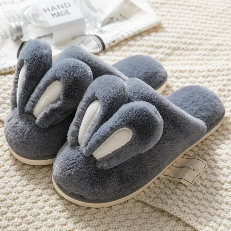 Women Men Winter Warm Slippers Cartoon Rabbit Furry Thick Soled Slippers Home Cotton Shoes Couples Non-Slip Faux Fur Slides